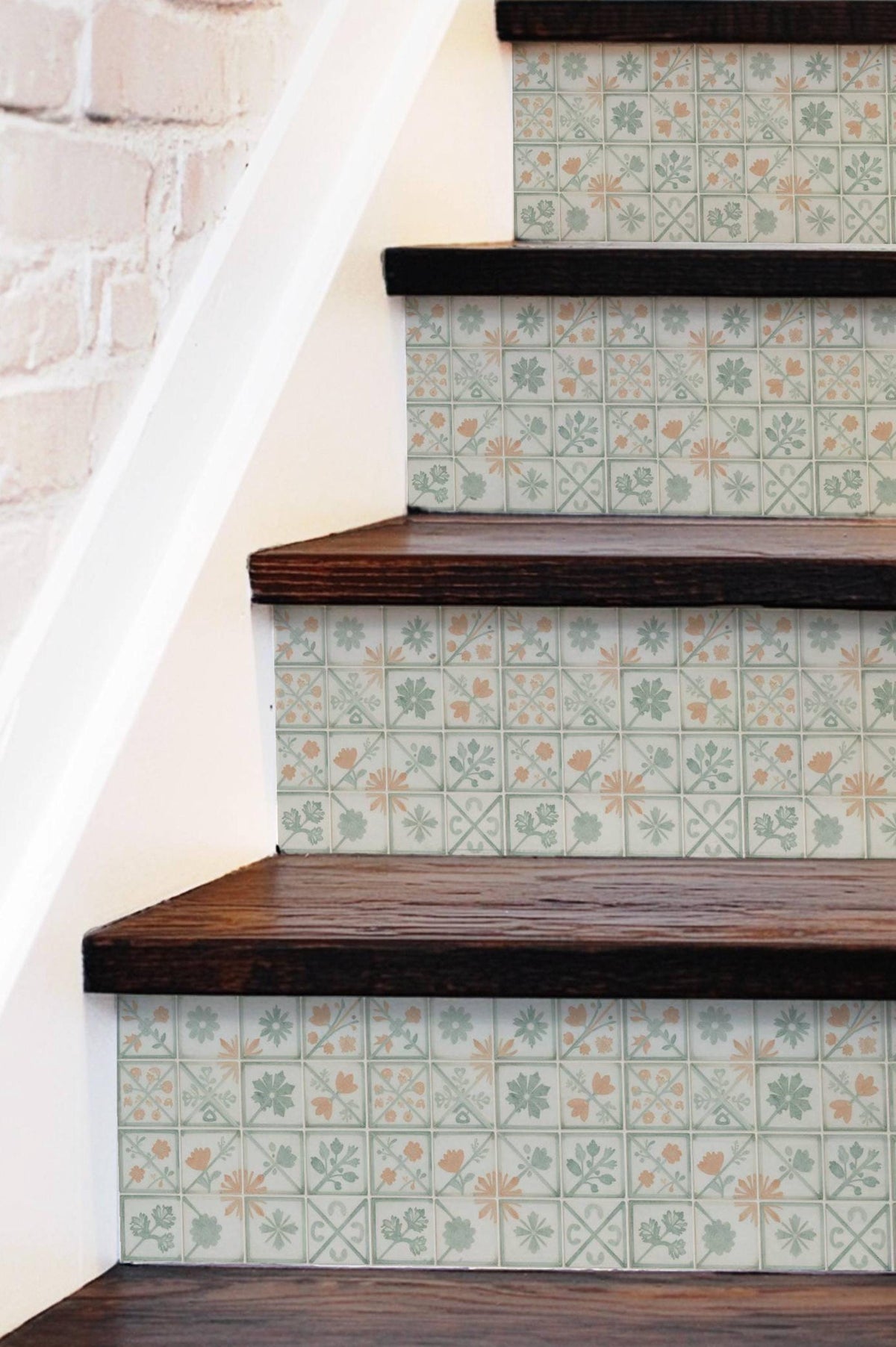 Sage Herringbone Folk Art Tile peel and stick stair riser decals