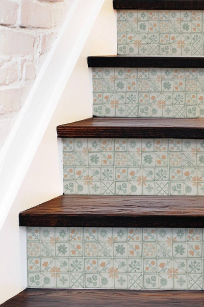 Sage Herringbone Folk Art Tile peel and stick stair riser decals