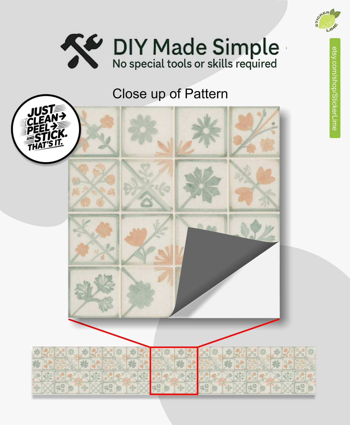 Sage Herringbone Folk Art Tile peel and stick stair riser decals, photo 2 of 8
