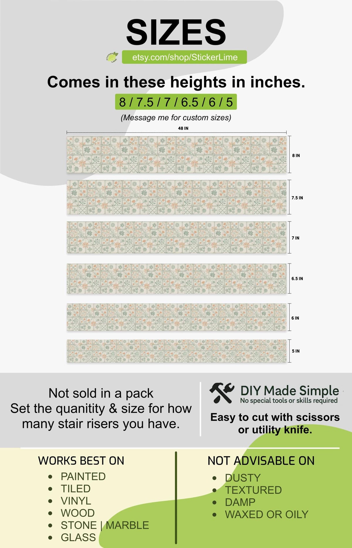 Sage Herringbone Folk Art Tile peel and stick stair riser decals, photo 3 of 8