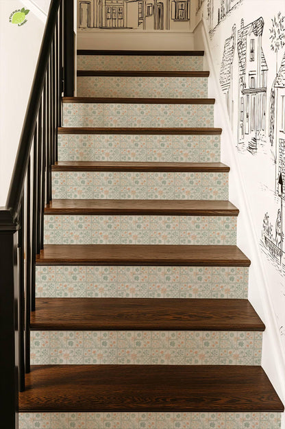Sage Herringbone Folk Art Tile peel and stick stair riser decals, photo 4 of 8