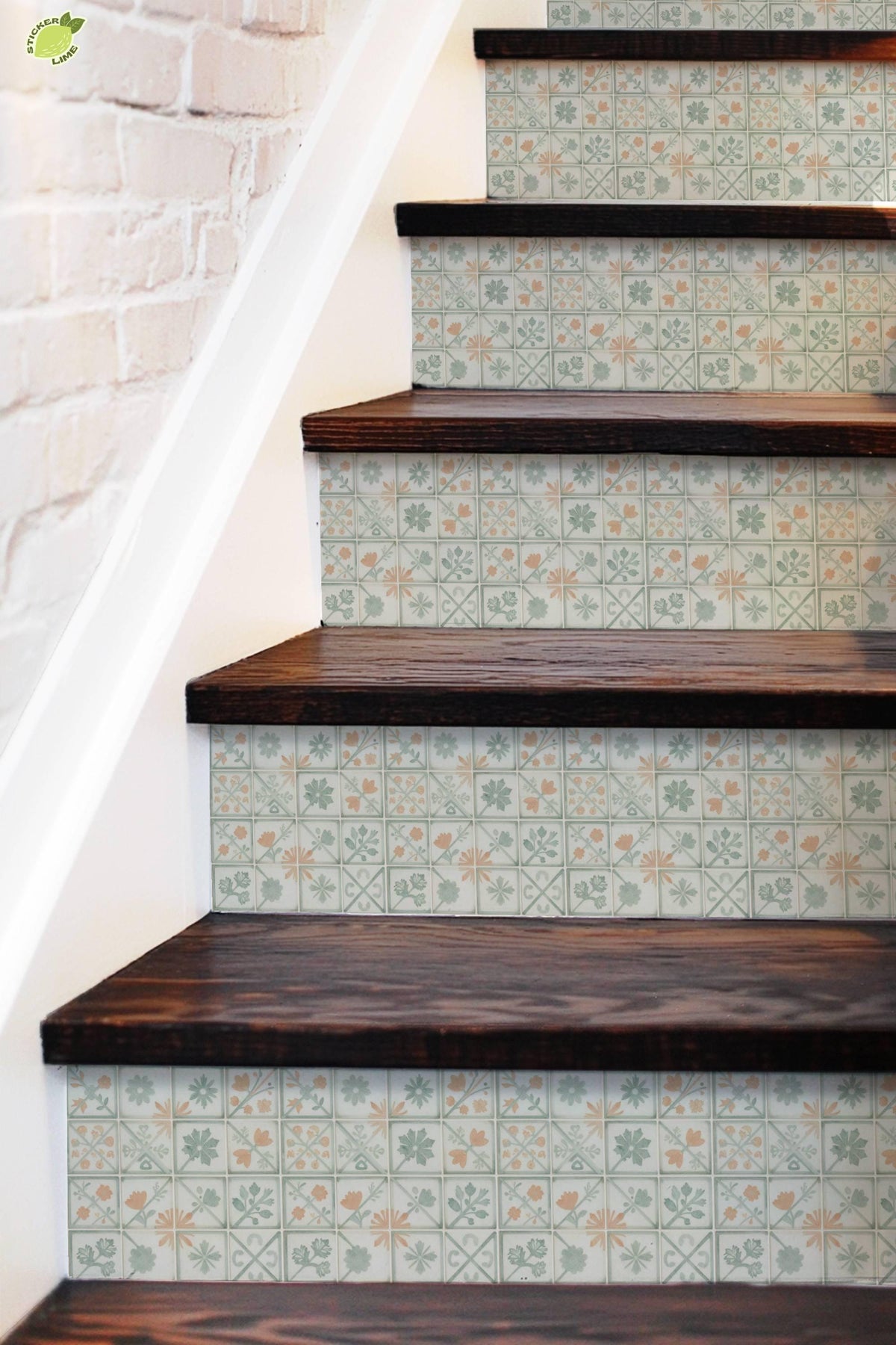 Sage Herringbone Folk Art Tile peel and stick stair riser decals, photo 5 of 8