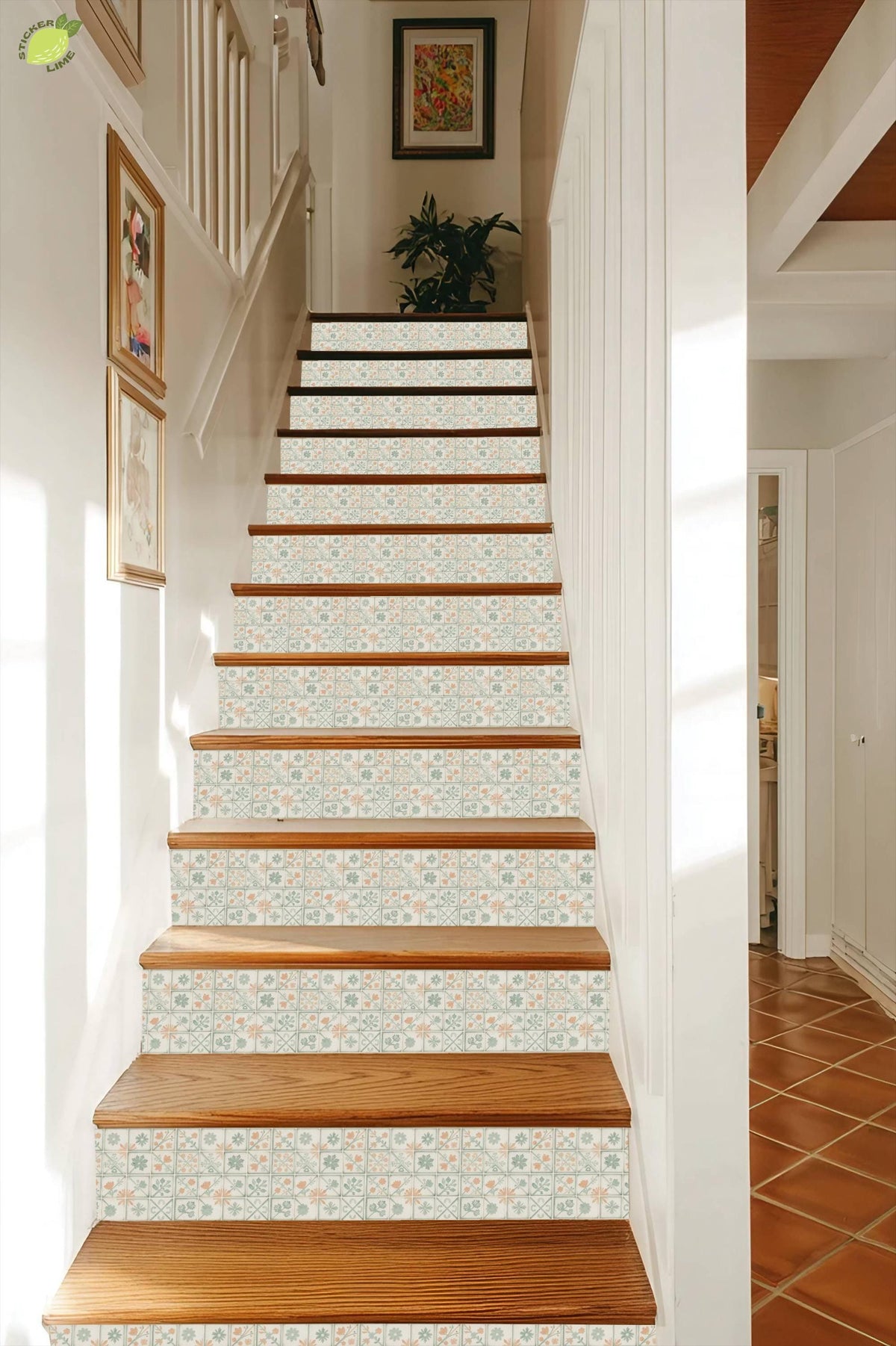 Sage Herringbone Folk Art Tile peel and stick stair riser decals, photo 7 of 8