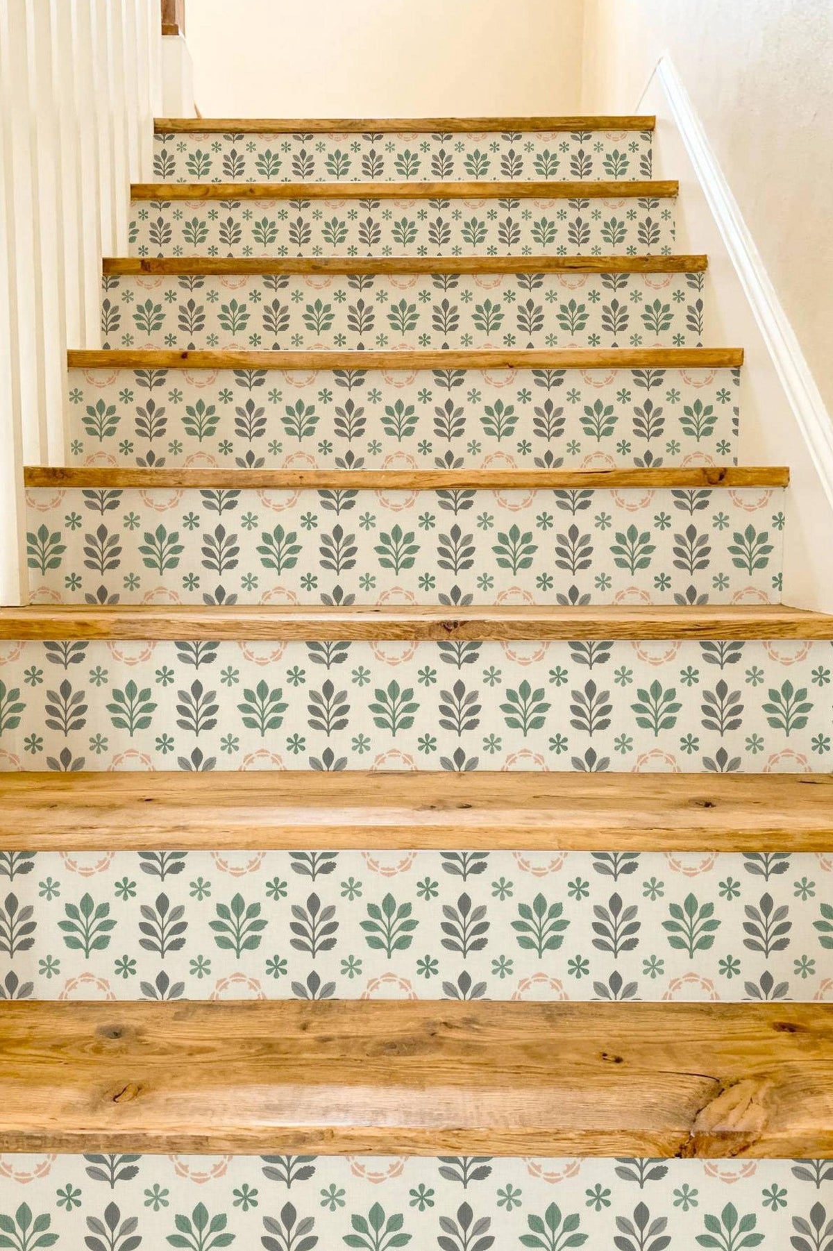 Sage Scandinavian Folk Tile peel and stick stair riser decals