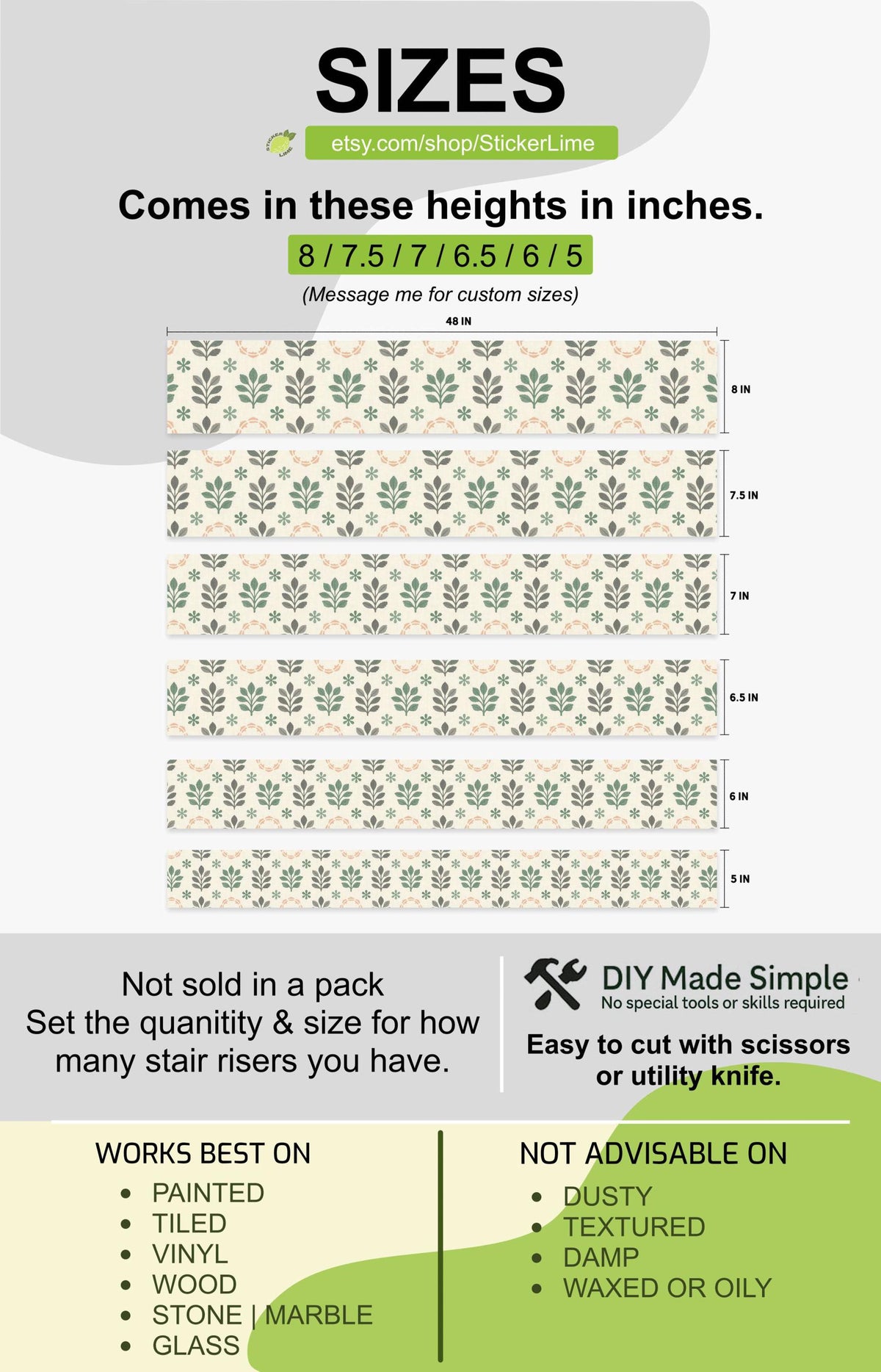 Sage Scandinavian Folk Tile peel and stick stair riser decals, photo 3 of 8