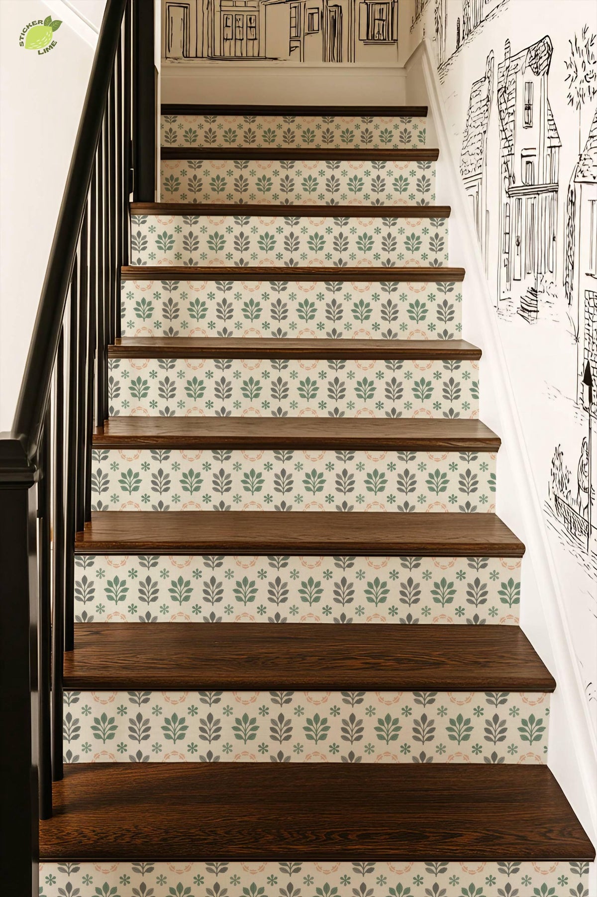 Sage Scandinavian Folk Tile peel and stick stair riser decals, photo 4 of 8