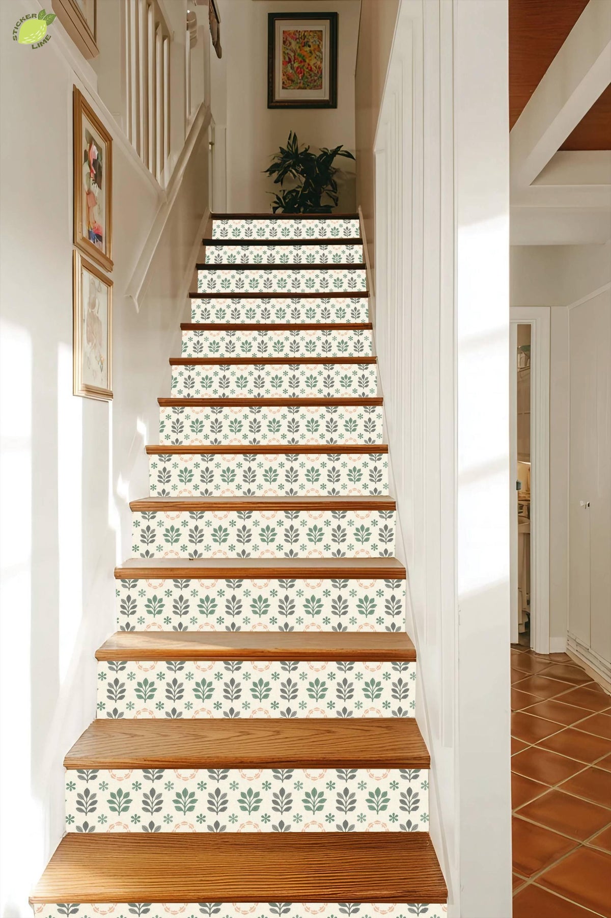 Sage Scandinavian Folk Tile peel and stick stair riser decals, photo 7 of 8