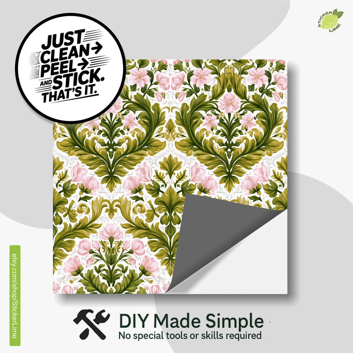 Vintage Botanical Damask Floral Motif peel and stick tile decals, photo 2 of 8