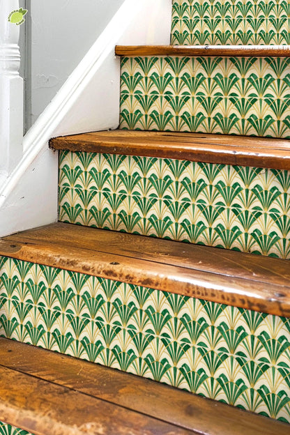 Emerald Art Deco Fan Tile peel and stick stair riser decals