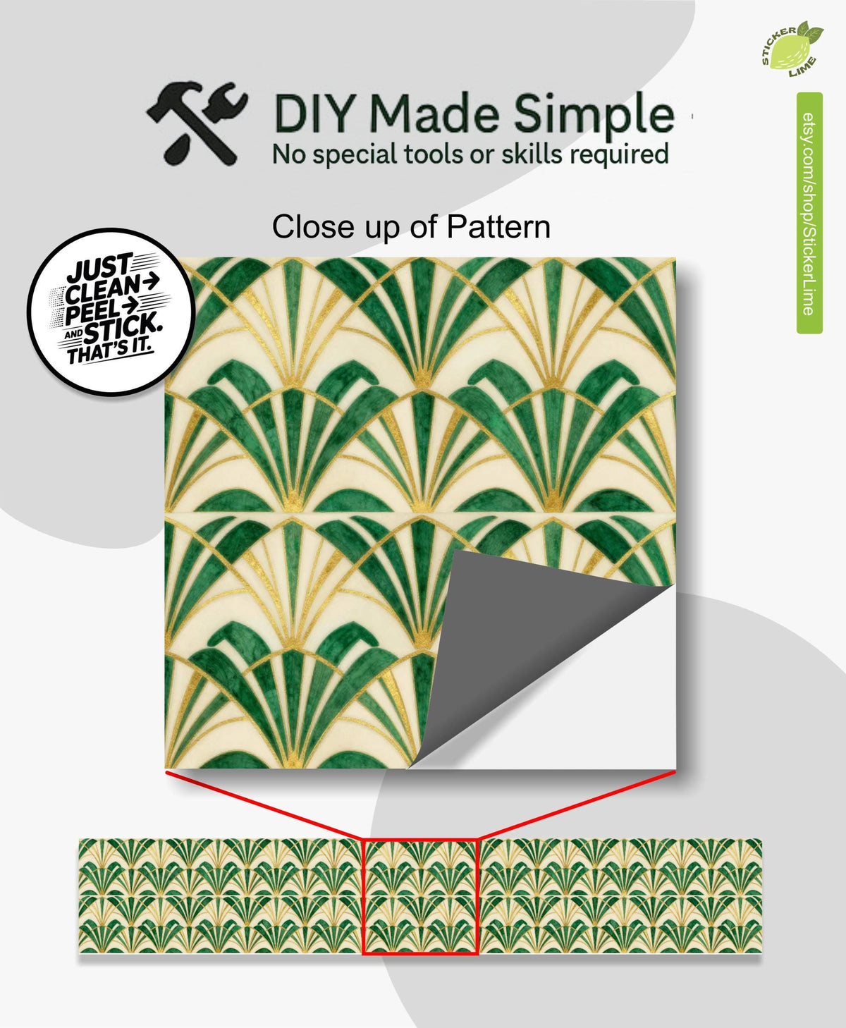 Emerald Art Deco Fan Tile peel and stick stair riser decals, photo 2 of 8