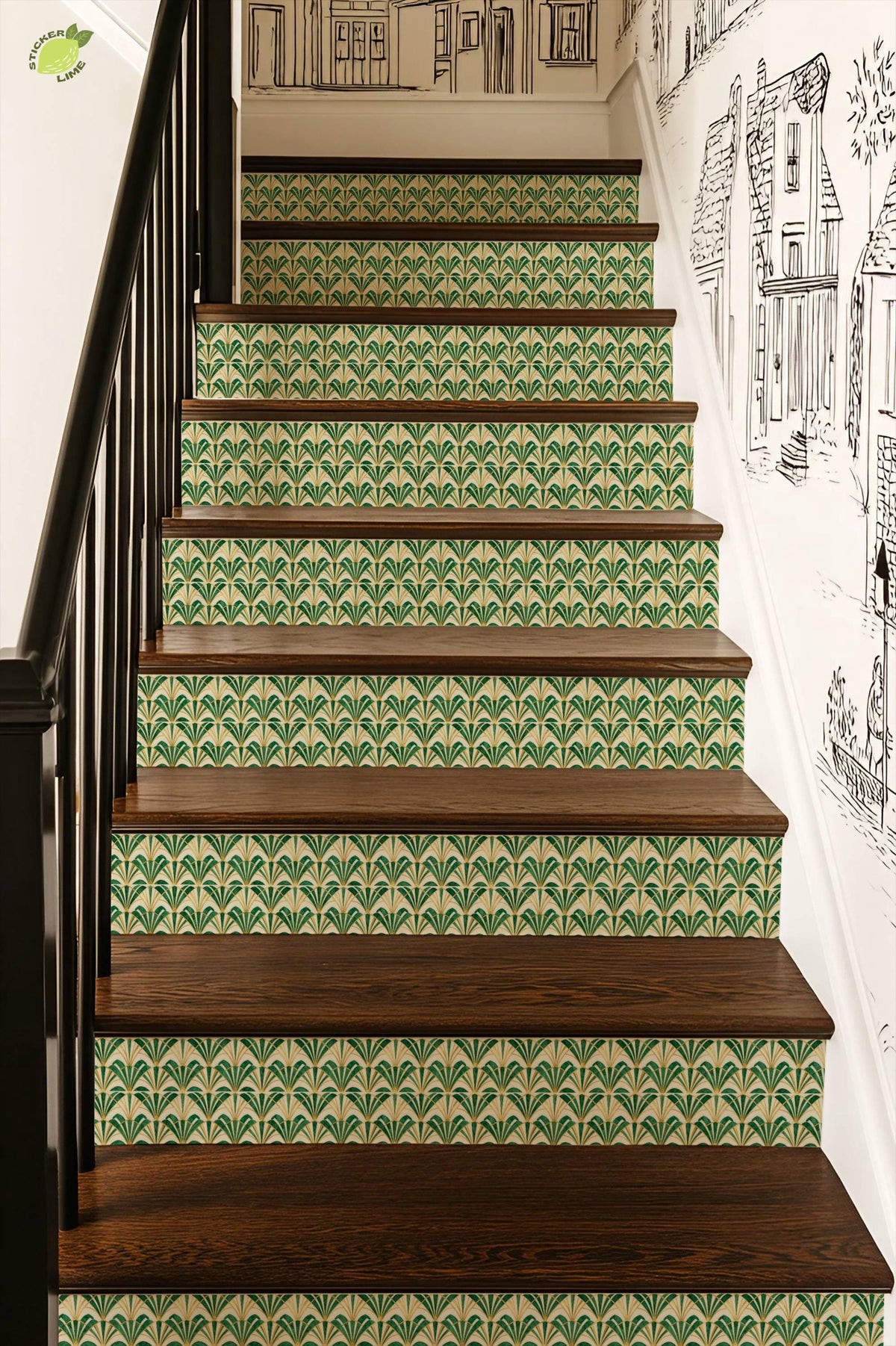 Emerald Art Deco Fan Tile peel and stick stair riser decals, photo 3 of 8