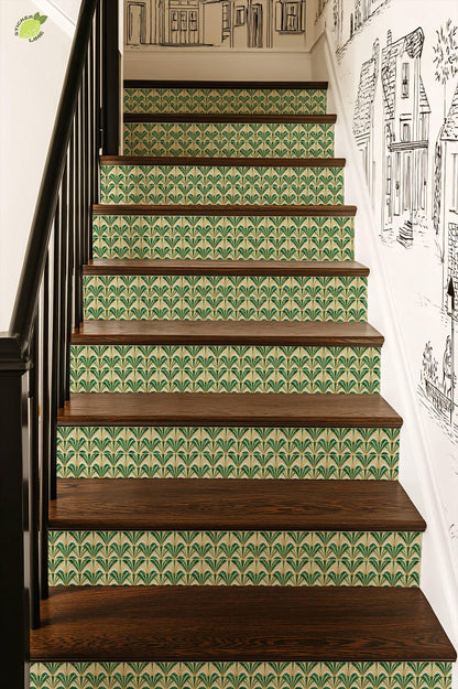 Emerald Art Deco Fan Tile peel and stick stair riser decals, photo 3 of 8