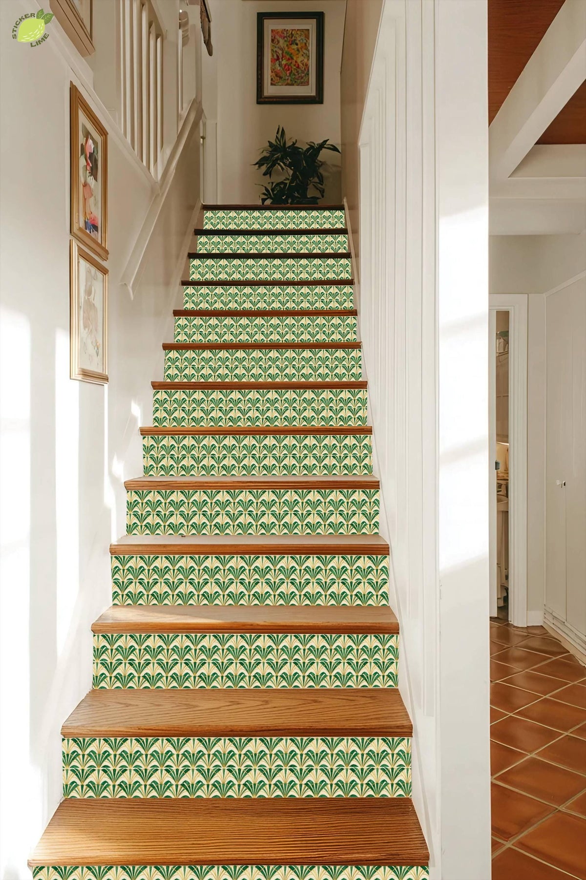 Emerald Art Deco Fan Tile peel and stick stair riser decals, photo 6 of 8