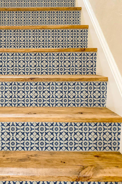 Navy Star Lattice Tile peel and stick stair riser decals