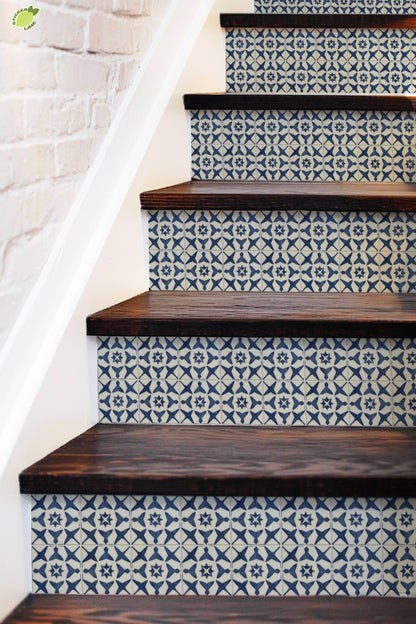 Navy Star Lattice Tile peel and stick stair riser decals, photo 5 of 8