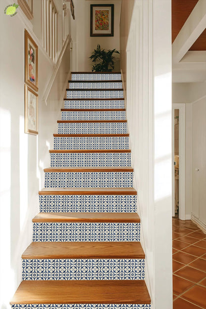 Navy Star Lattice Tile peel and stick stair riser decals, photo 7 of 8