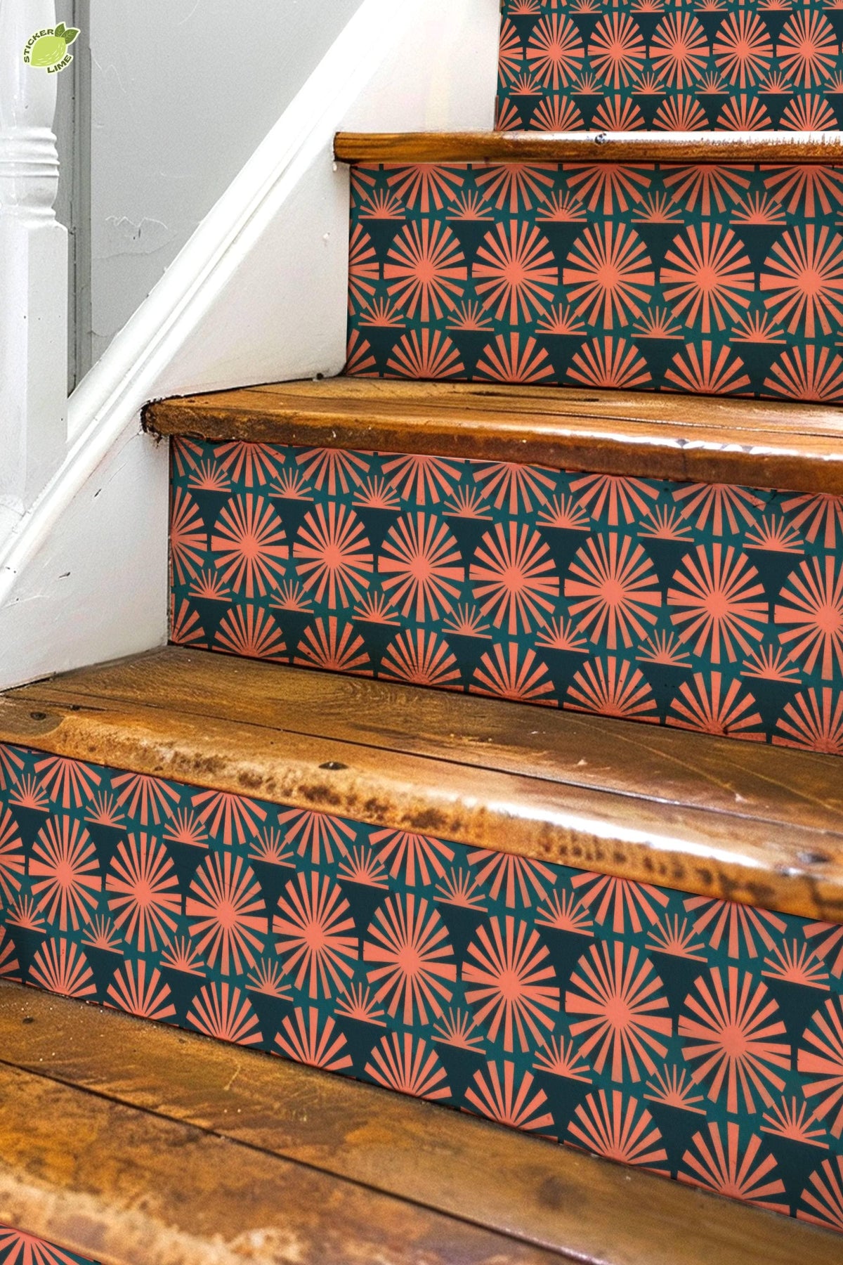 Coral Sunburst Tile peel and stick stair riser decals, photo 2 of 8