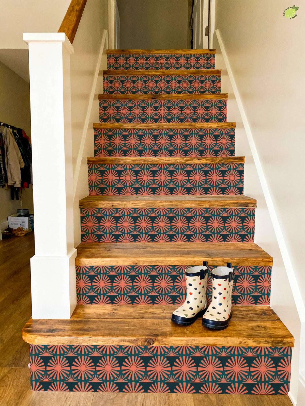Coral Sunburst Tile peel and stick stair riser decals, photo 3 of 8
