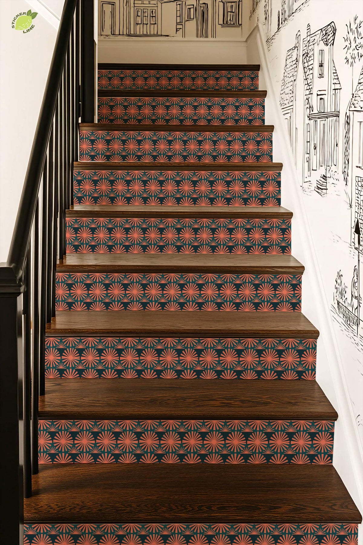 Coral Sunburst Tile peel and stick stair riser decals, photo 6 of 8