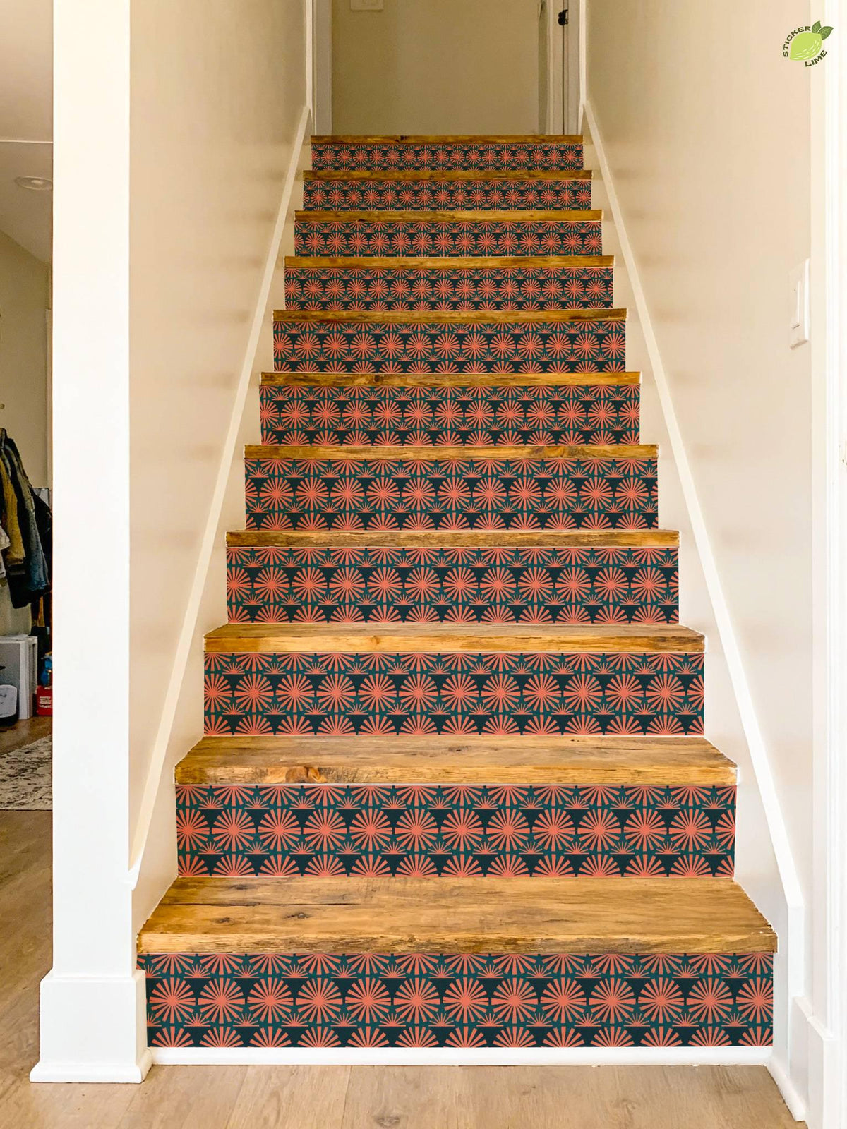 Coral Sunburst Tile peel and stick stair riser decals, photo 7 of 8