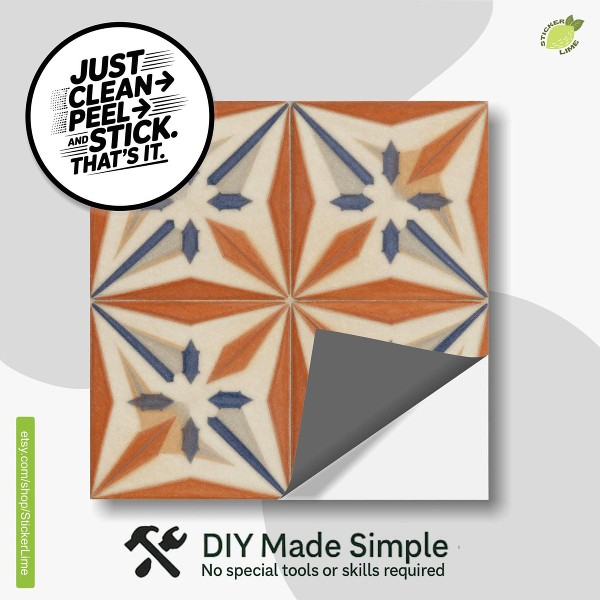 Terracotta Deco Sunburst peel and stick tile decals