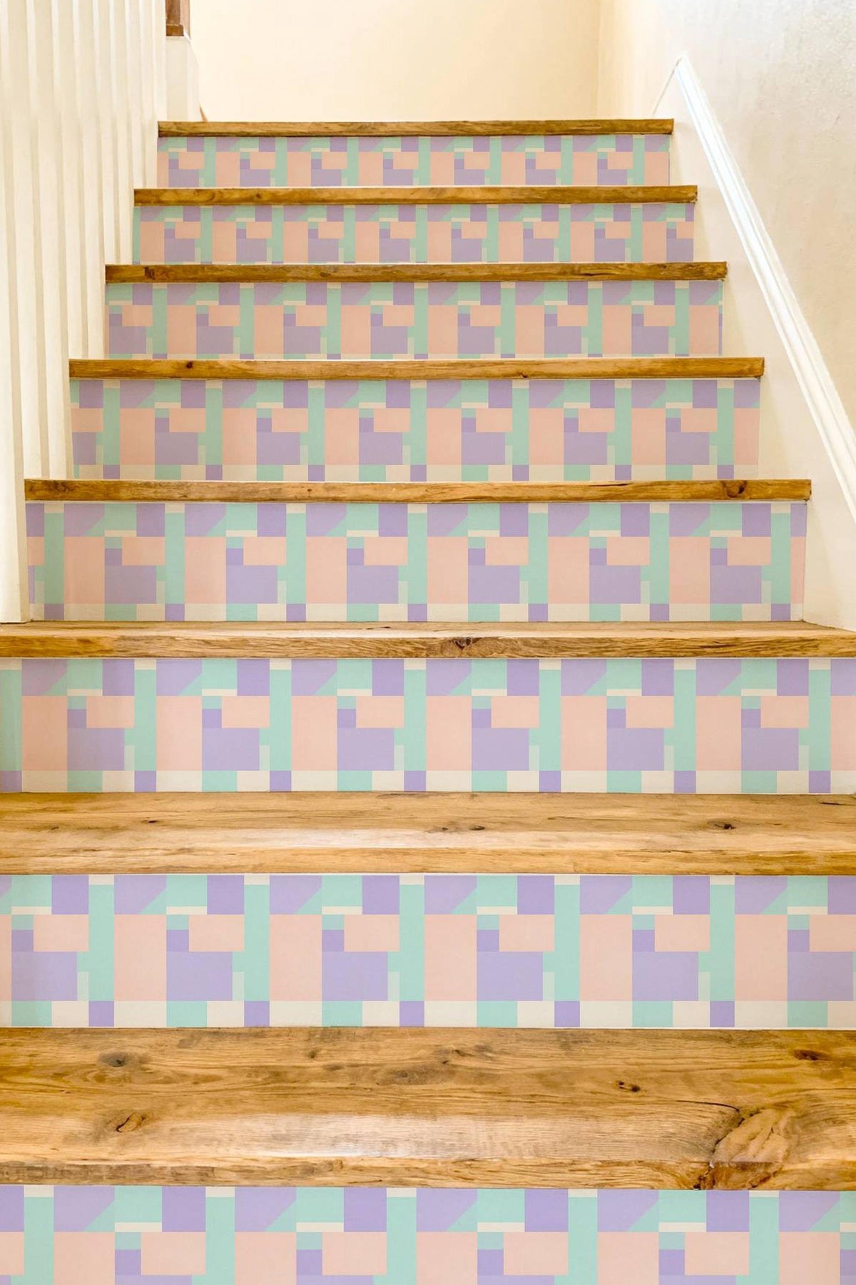 Pastel Geometric Block Art peel and stick stair riser decals