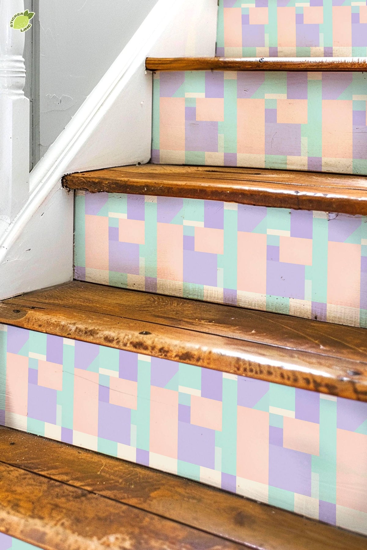 Pastel Geometric Block Art peel and stick stair riser decals, photo 2 of 8