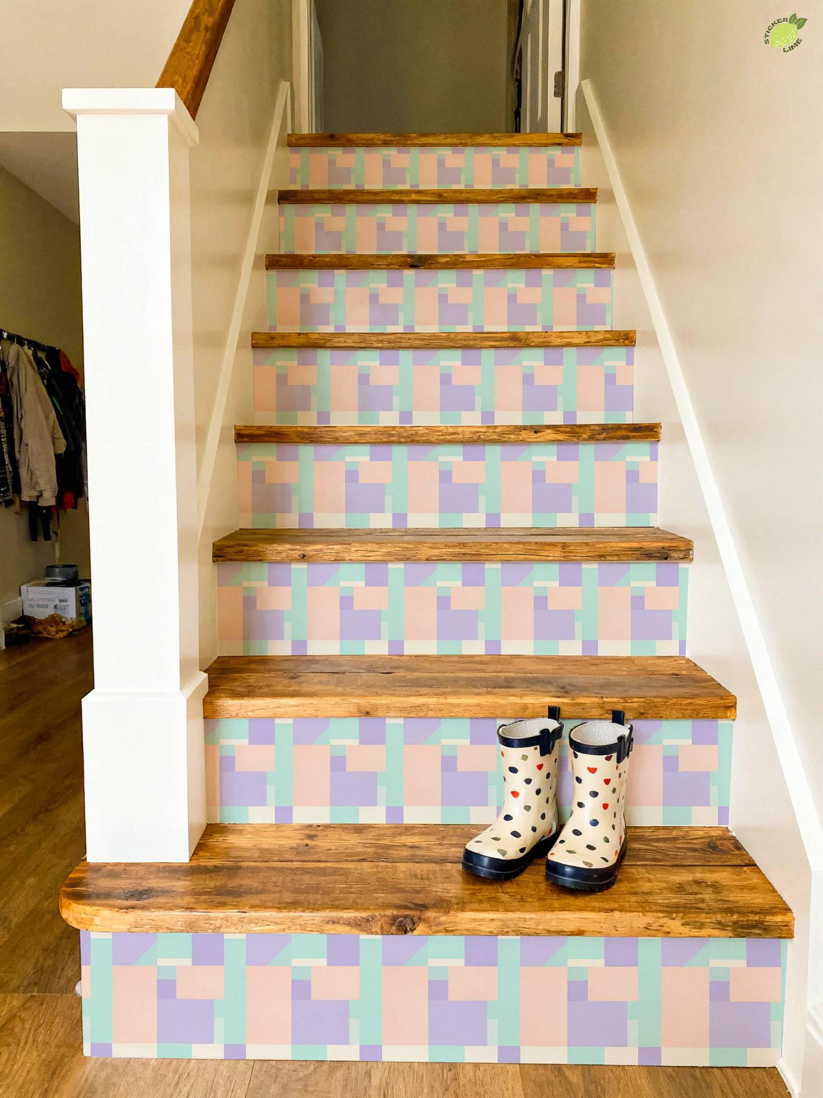 Pastel Geometric Block Art peel and stick stair riser decals, photo 3 of 8