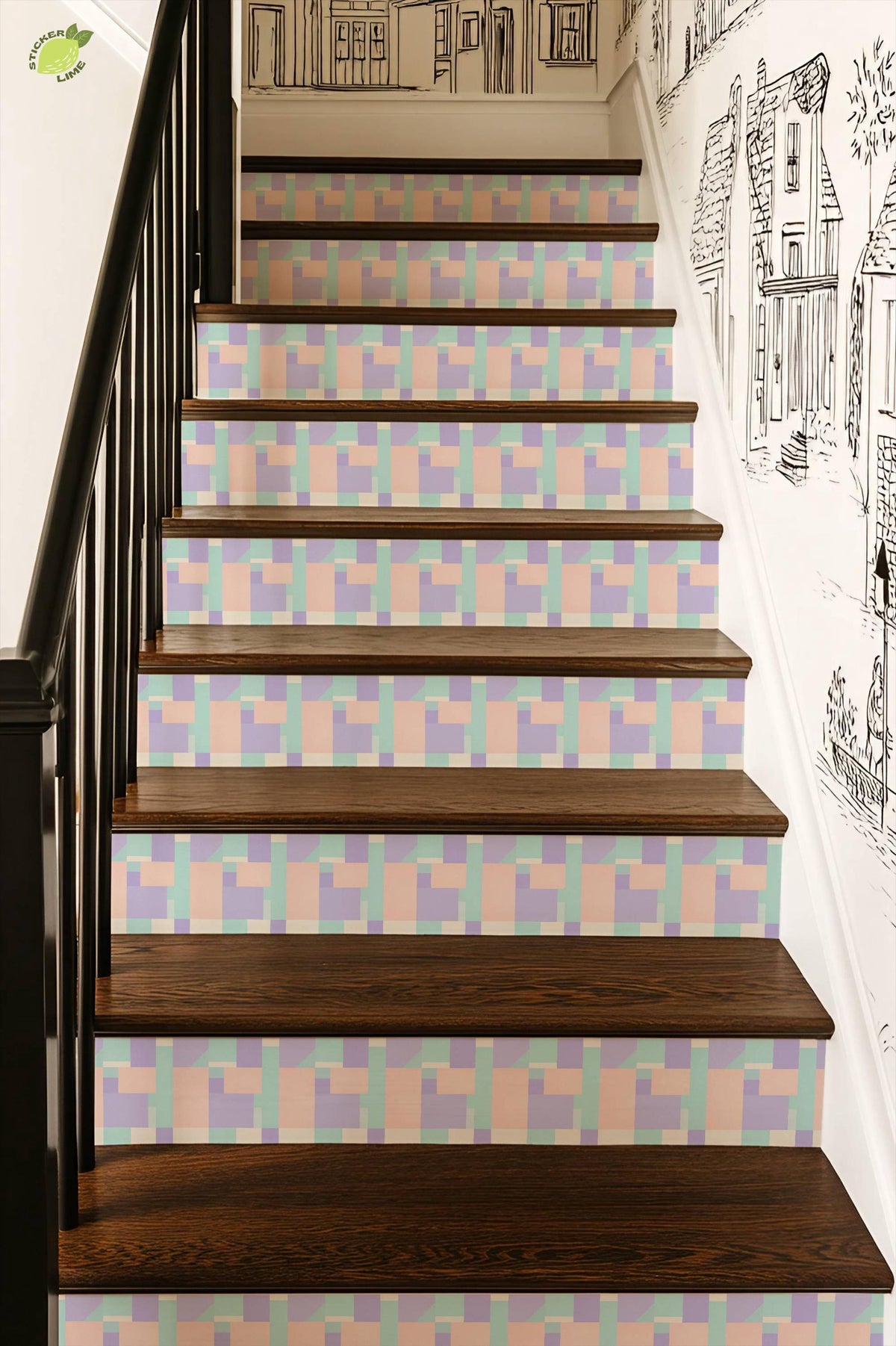 Pastel Geometric Block Art peel and stick stair riser decals, photo 6 of 8
