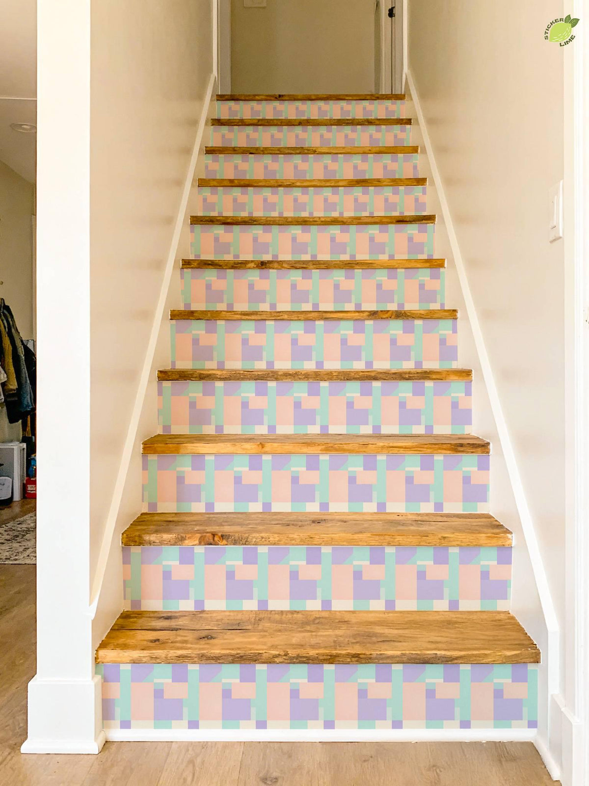 Pastel Geometric Block Art peel and stick stair riser decals, photo 7 of 8
