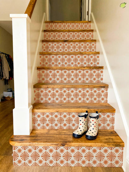 Terracotta Sunburst Tile peel and stick stair riser decals, photo 3 of 8