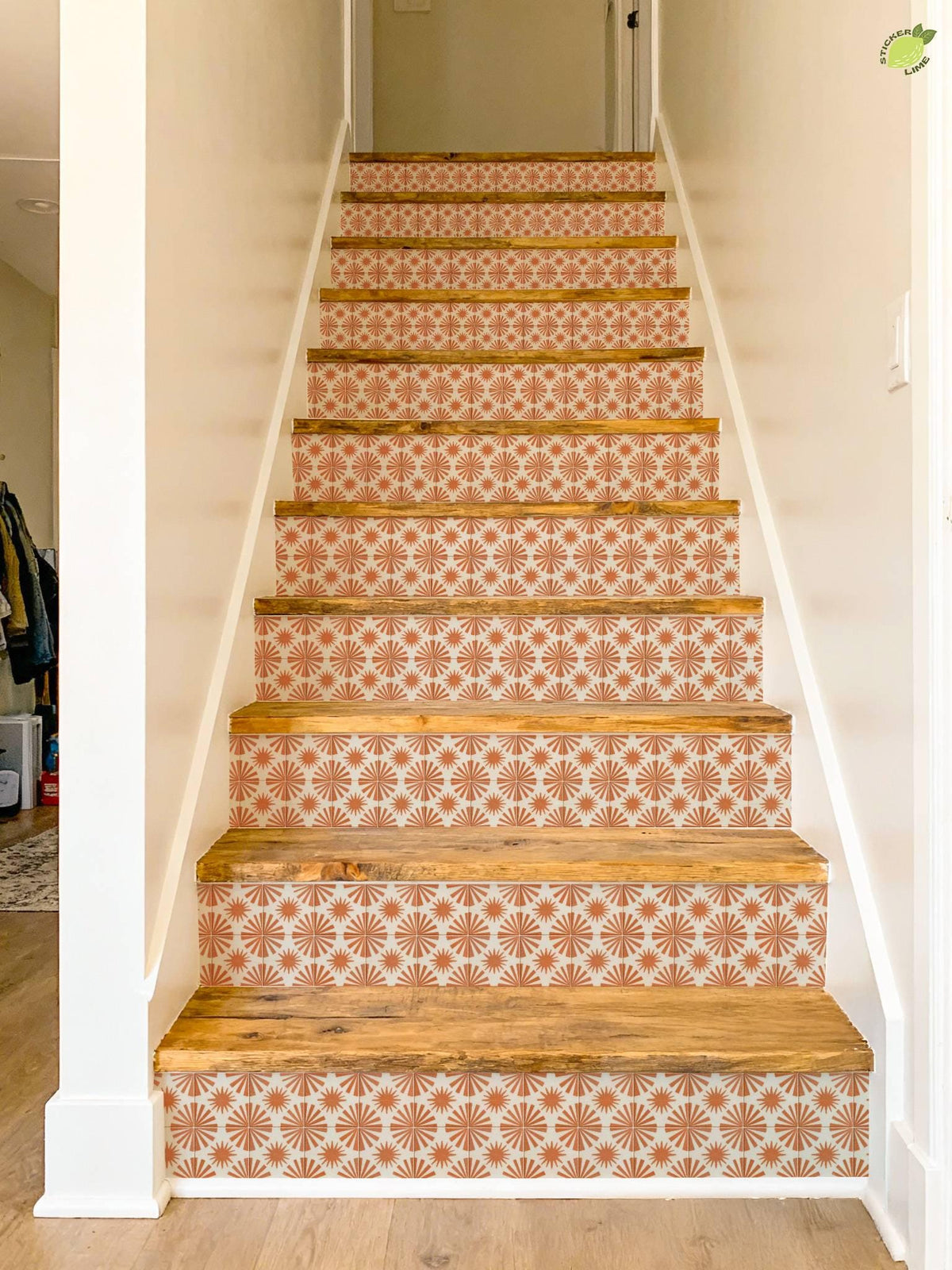 Terracotta Sunburst Tile peel and stick stair riser decals, photo 7 of 8
