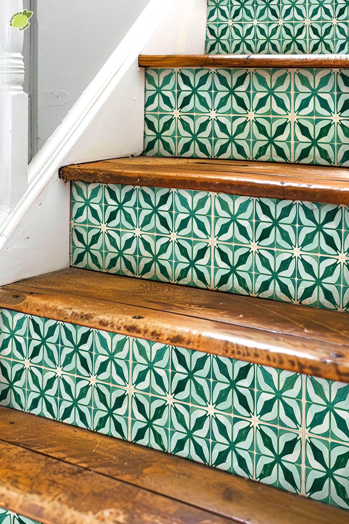 Emerald Geometric Petal Motif peel and stick stair riser decals