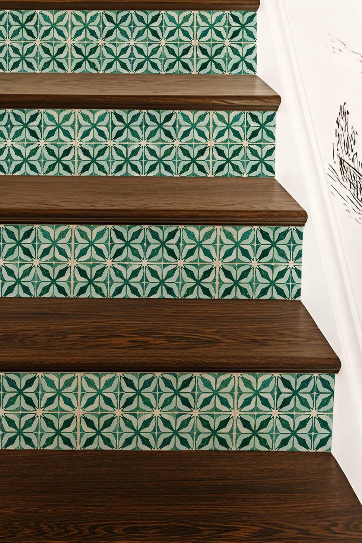 Emerald Geometric Petal Motif peel and stick stair riser decals, photo 2 of 8