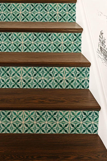 Emerald Geometric Petal Motif peel and stick stair riser decals, photo 2 of 8
