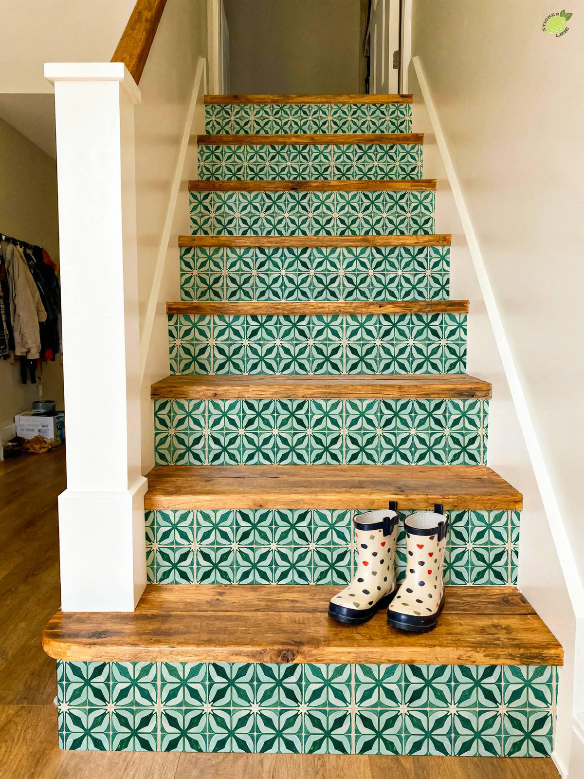 Emerald Geometric Petal Motif peel and stick stair riser decals, photo 3 of 8