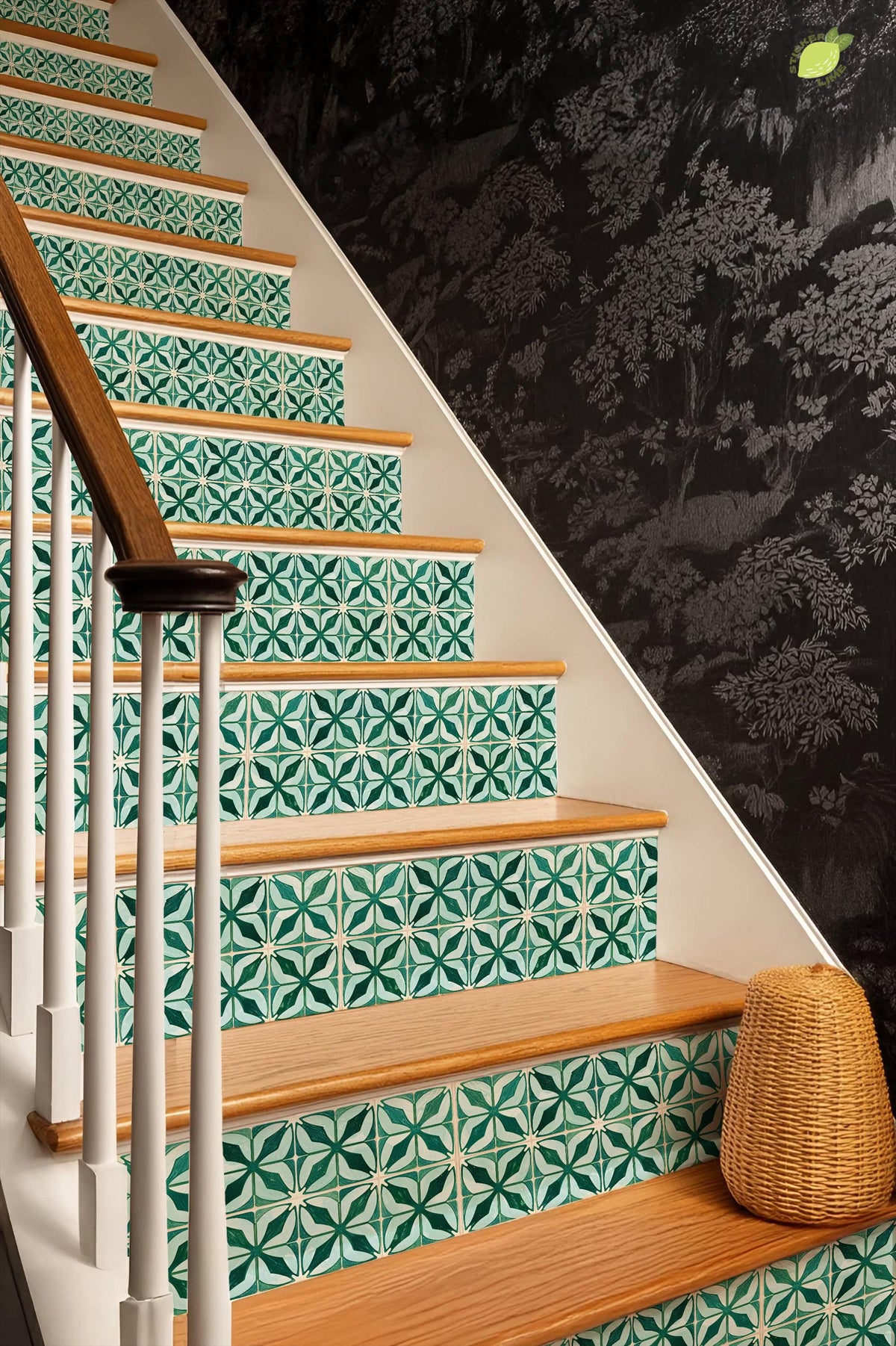 Emerald Geometric Petal Motif peel and stick stair riser decals, photo 4 of 8