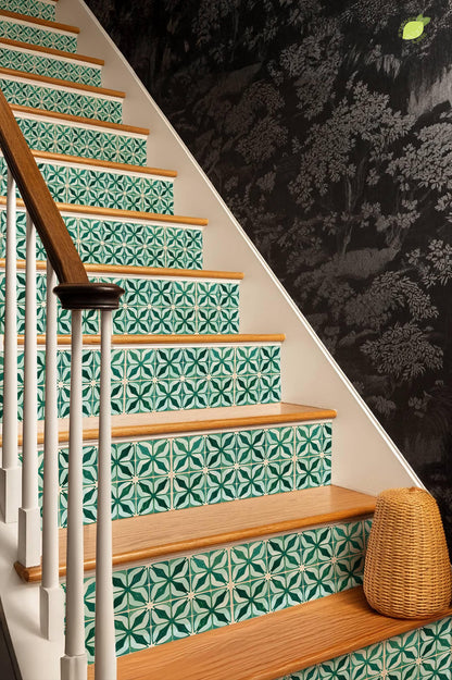 Emerald Geometric Petal Motif peel and stick stair riser decals, photo 4 of 8