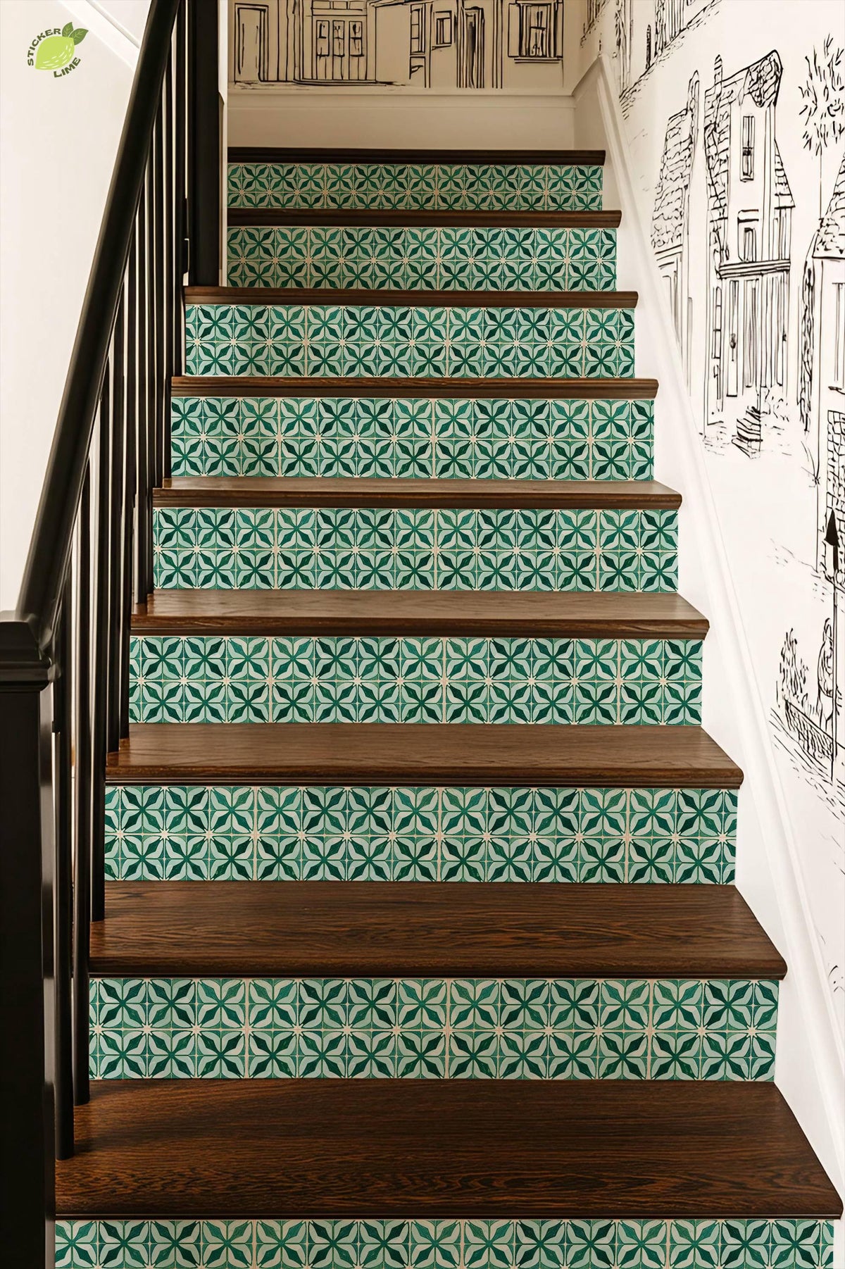 Emerald Geometric Petal Motif peel and stick stair riser decals, photo 6 of 8
