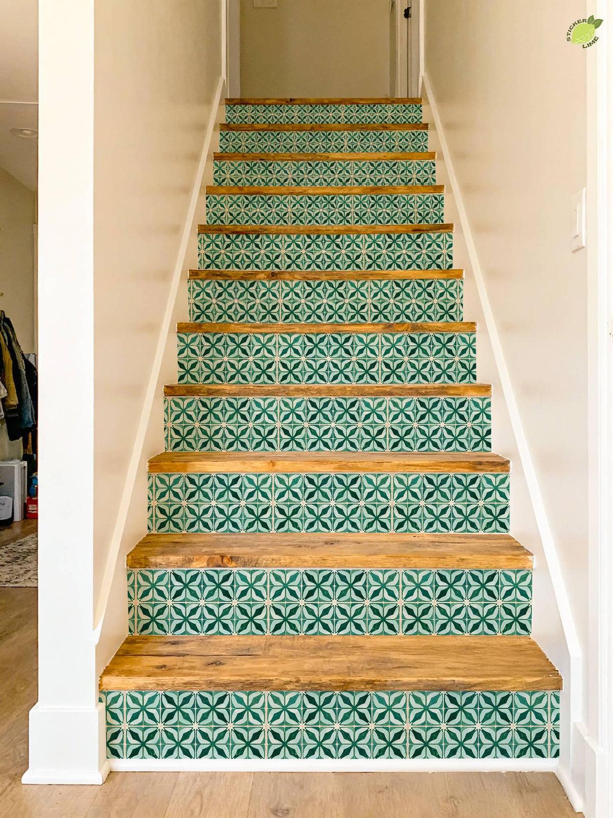Emerald Geometric Petal Motif peel and stick stair riser decals, photo 7 of 8