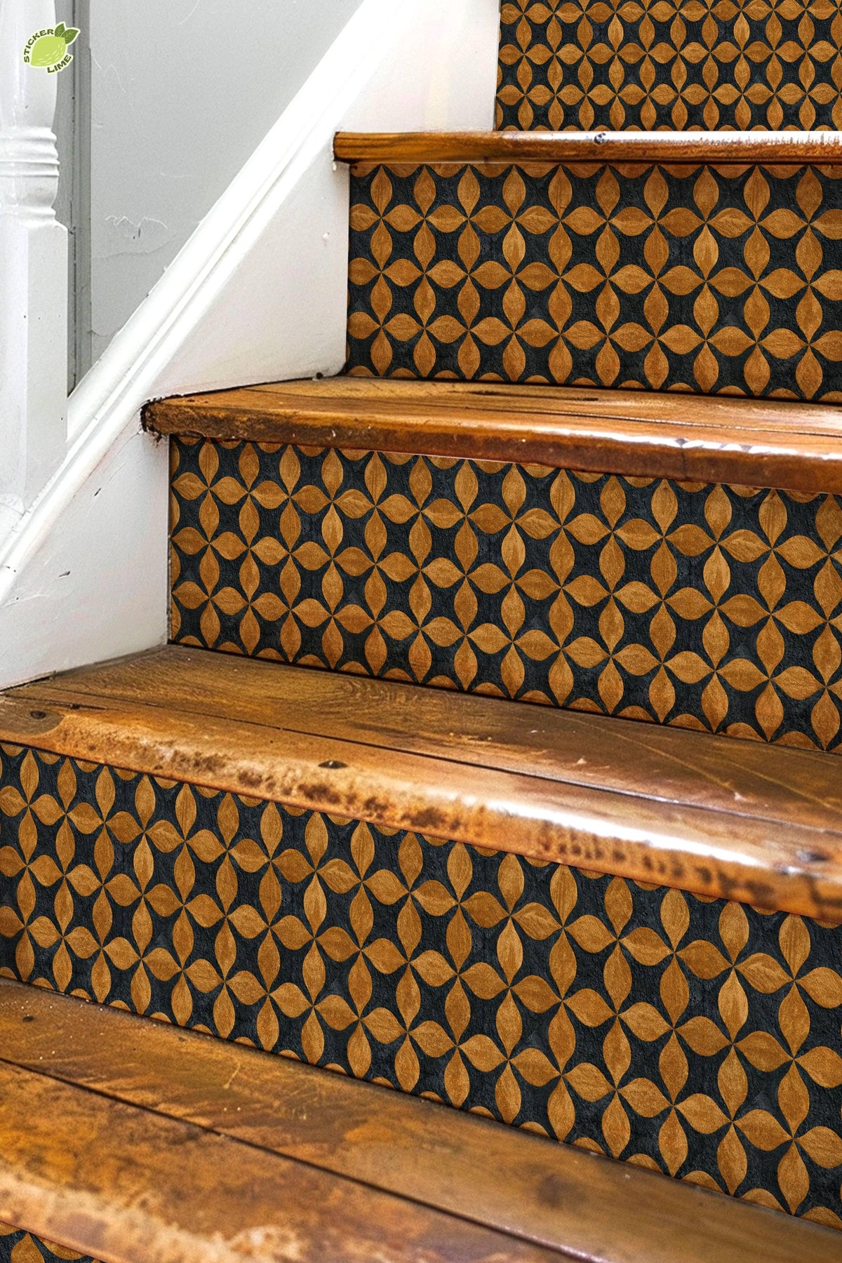Mid Century Geometric Gold Leaf peel and stick stair riser decals, photo 2 of 8