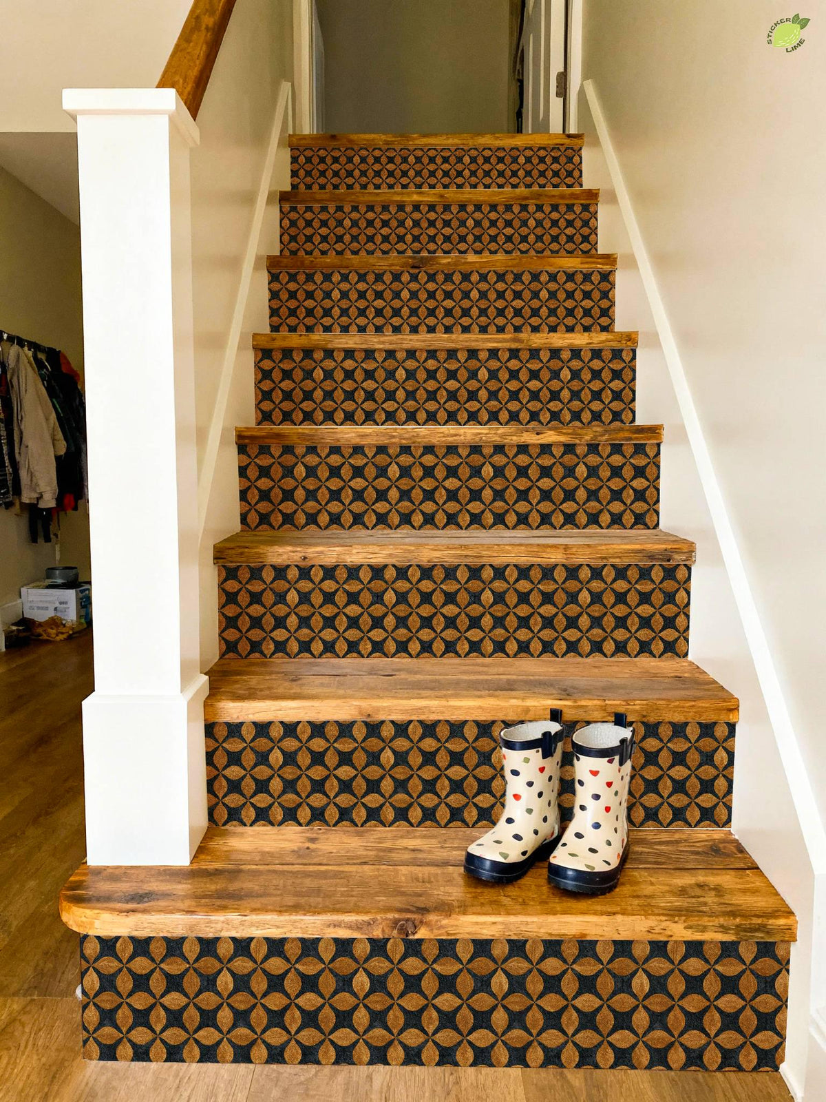 Mid Century Geometric Gold Leaf peel and stick stair riser decals, photo 3 of 8