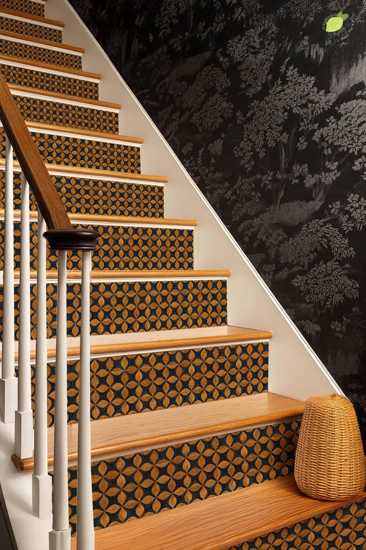 Mid Century Geometric Gold Leaf peel and stick stair riser decals, photo 4 of 8