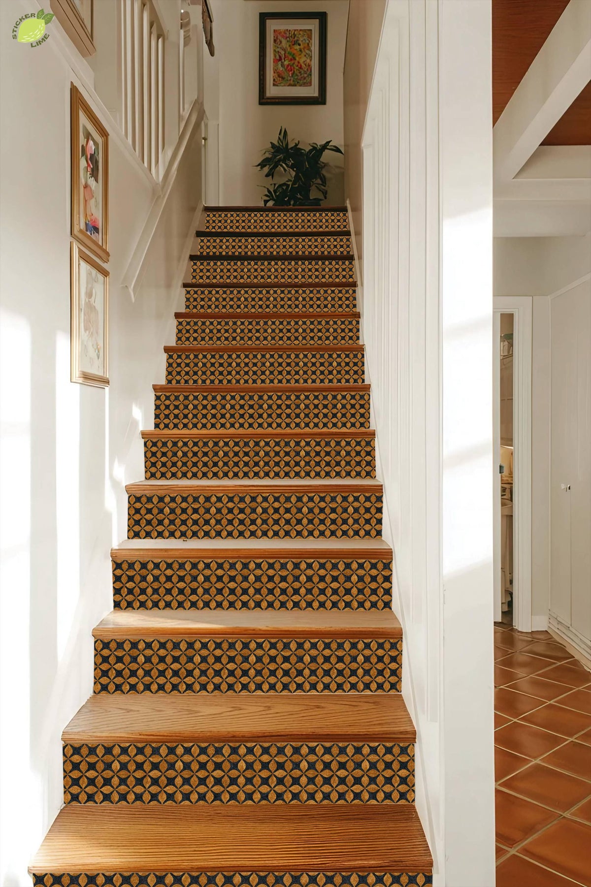 Mid Century Geometric Gold Leaf peel and stick stair riser decals, photo 5 of 8