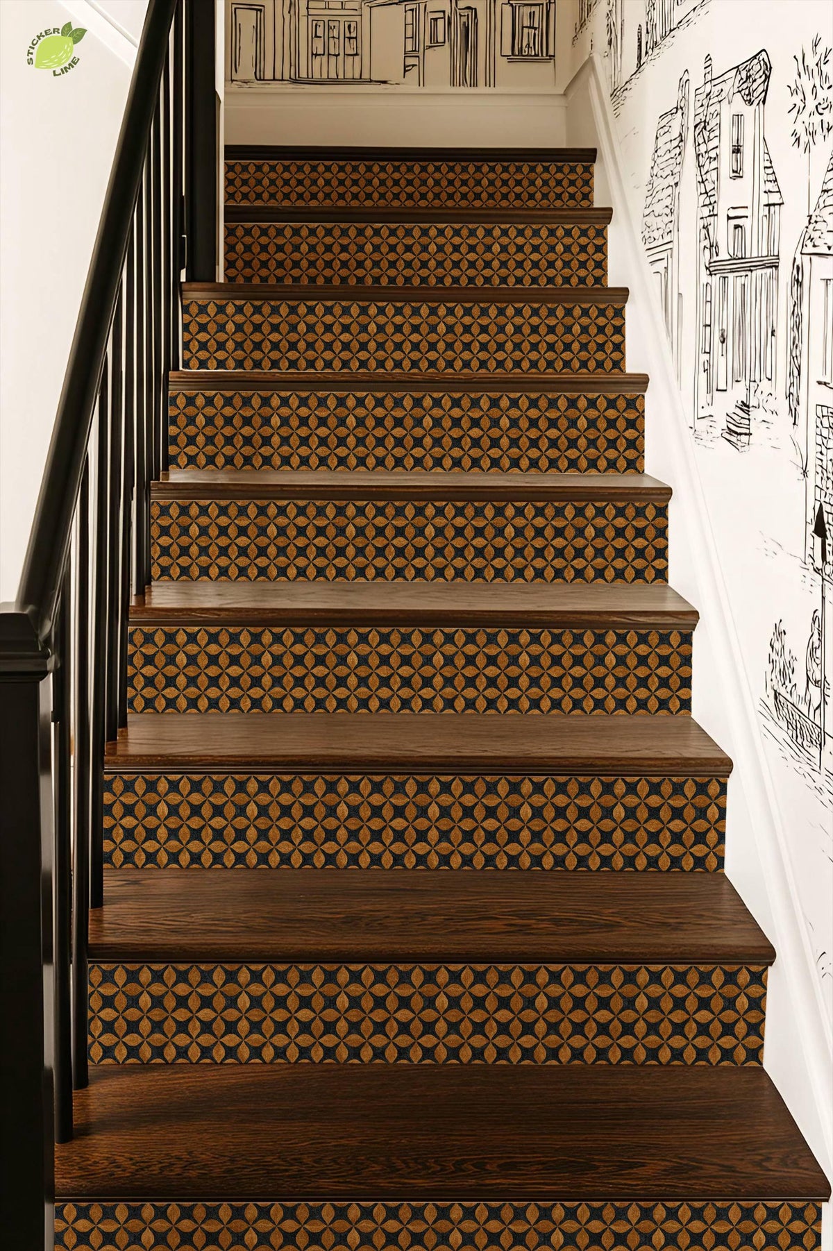 Mid Century Geometric Gold Leaf peel and stick stair riser decals, photo 6 of 8