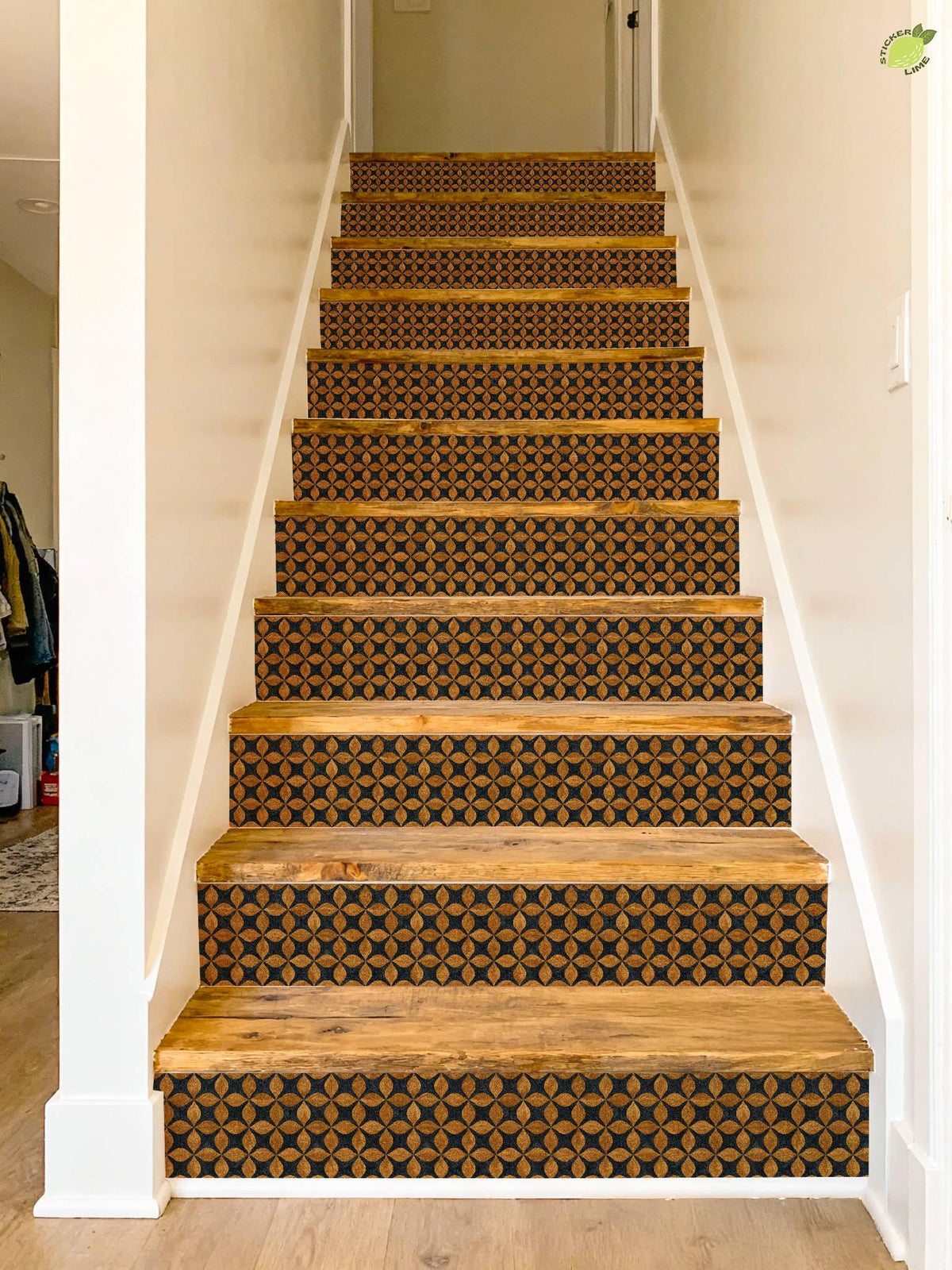 Mid Century Geometric Gold Leaf peel and stick stair riser decals, photo 7 of 8