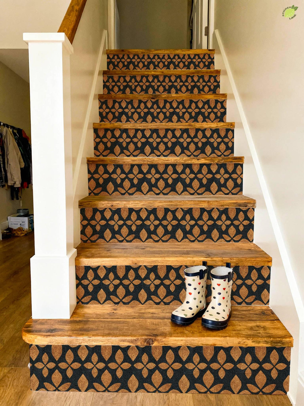Modern Geometric Gold Leaf Motif peel and stick stair riser decals, photo 3 of 8