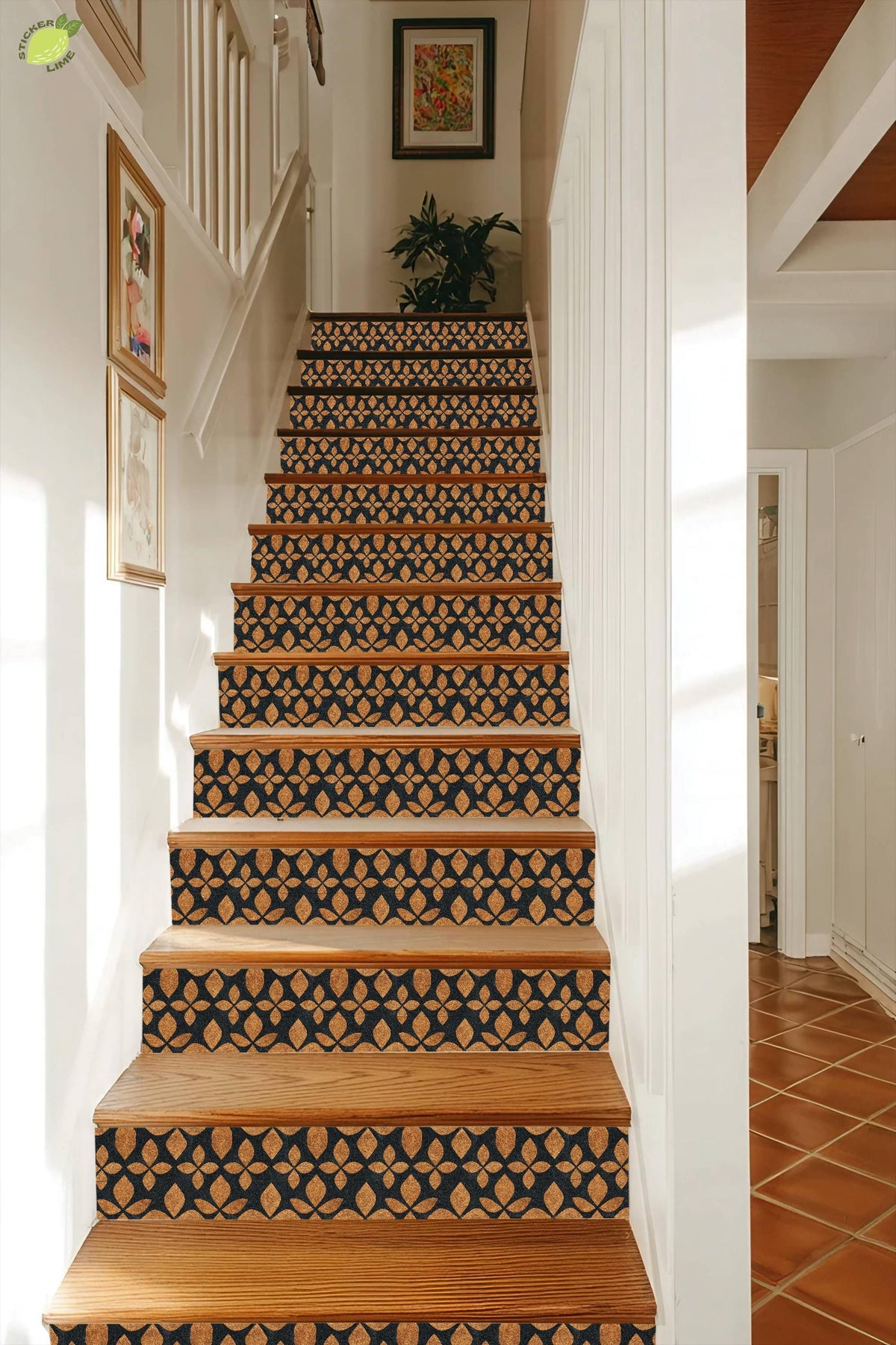 Modern Geometric Gold Leaf Motif peel and stick stair riser decals, photo 5 of 8