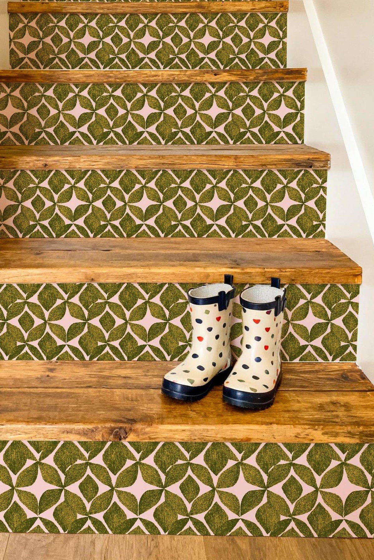 Organic Olive Leaf Geometric Motif peel and stick stair riser decals