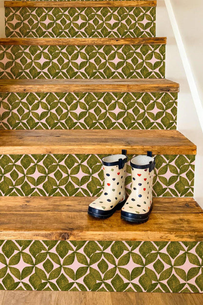 Organic Olive Leaf Geometric Motif peel and stick stair riser decals